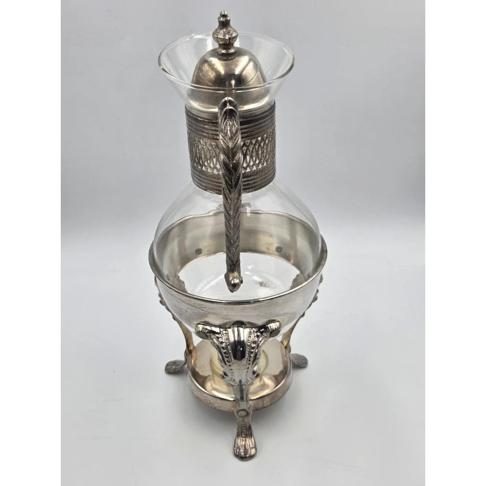 Vintage  Silver Plated Glass Coffee Pot Carafe W / Warming Stand 14.5